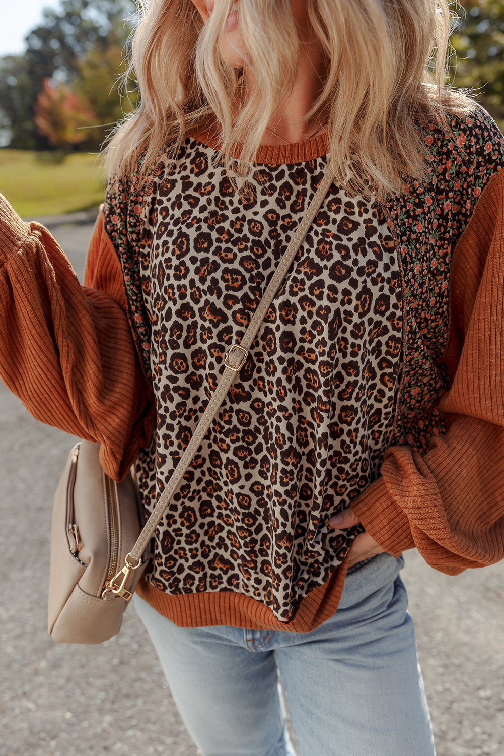 Threaded Pear Natalie Leopard & Floral Patchwork Loose Top
