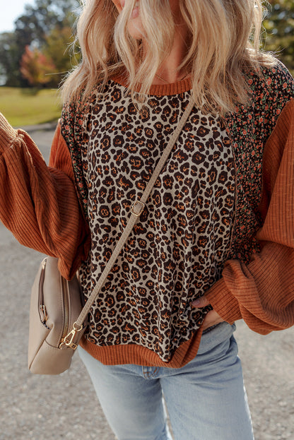Threaded Pear Natalie Leopard & Floral Patchwork Loose Top