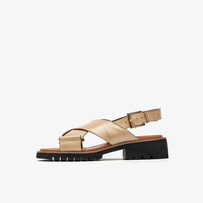Women’s Retro Cross-Strap Chunky Heels | Elegant Block Heel Sandals with Secure Buckle | Modern Vintage Square-Toe Party Shoes | Comfortable High-Rise Statement Sandals | 2026 Luxury Evening Footwear