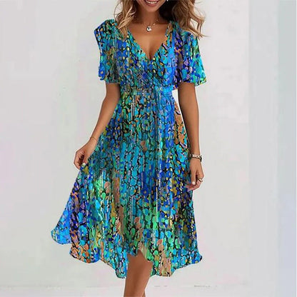 Floral Print A-Line Dress – V-Neck Short Sleeve Midi Dress
