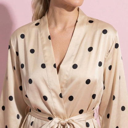 Anna-Kaci Lounge Women's 2-Piece Set Satin Polka Dot Slip Dress with Spaghetti Straps and Matching Tie Waist Robe Layer