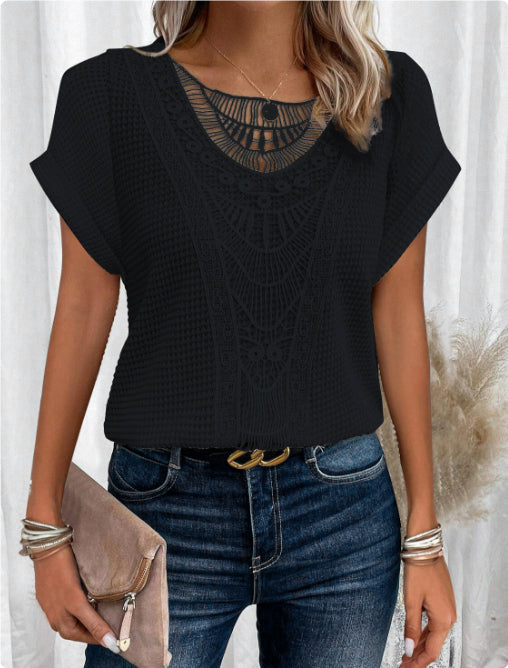 Women’s Summer Hollow-Out T-Shirt | Fashion Ethnic Style Short-Sleeved Top | Elegant Embroidered Lace Knit Blouse | Trendy Minimalist Breathable Summer Clothing | 2026 High-Fashion Artisan Ethnic Top