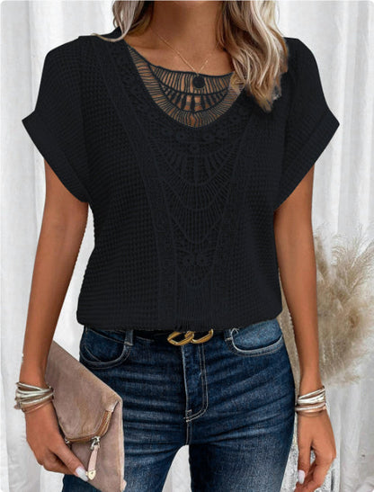 Women’s Summer Hollow-Out T-Shirt | Fashion Ethnic Style Short-Sleeved Top | Elegant Embroidered Lace Knit Blouse | Trendy Minimalist Breathable Summer Clothing | 2026 High-Fashion Artisan Ethnic Top
