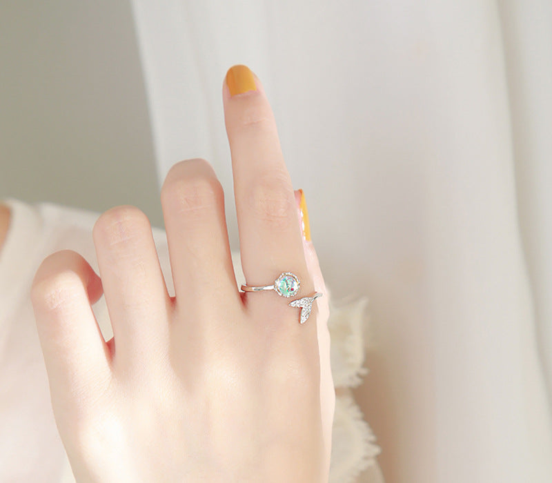 Elegant Fishtail Aurora Moonstone Ring | S925 Sterling Silver Mermaid Tail Ring | Minimalist Iridescent Moonstone Index Finger Ring | Aesthetic Mythical Sea-Inspired Jewelry