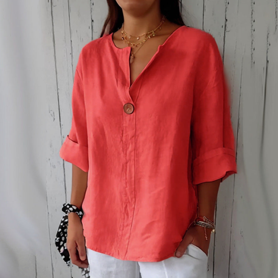 Women’s V-Neck Pullover Shirt | Casual Long-Sleeved Fashion Top | Elegant Loose-Fit Daily Blouse | Trendy Minimalist V-Neck Pullover for Ladies | 2026 High-Fashion Lightweight Autumn/Spring Top