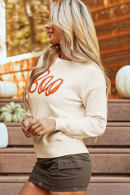 Threaded Pear Boo Knitted Pattern Ribbed Edge Sweater