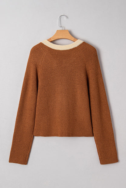 Ember Contrast Color V Neckline Knit Cardigan