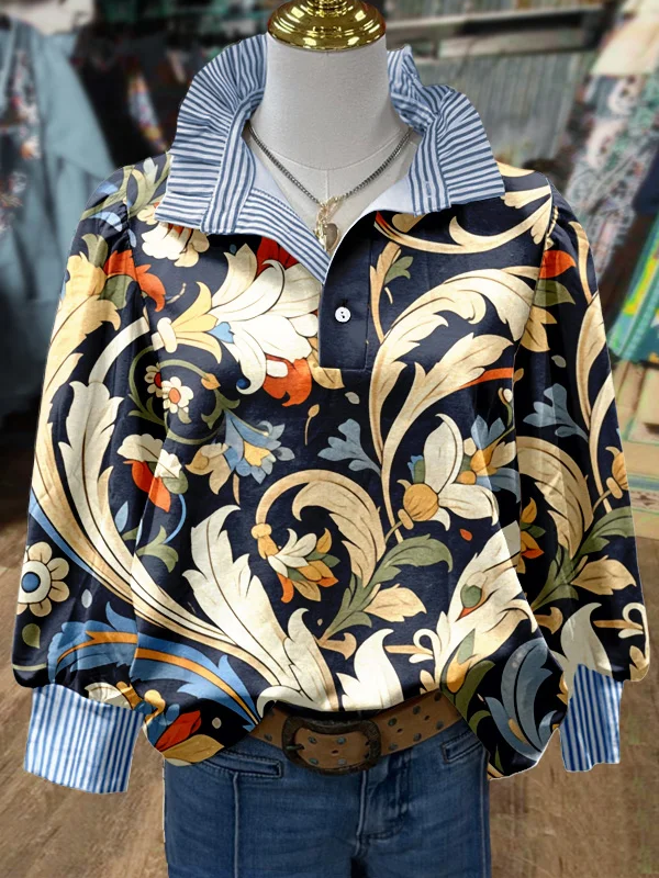 ✨Vintage Floral Print Striped Collar Top