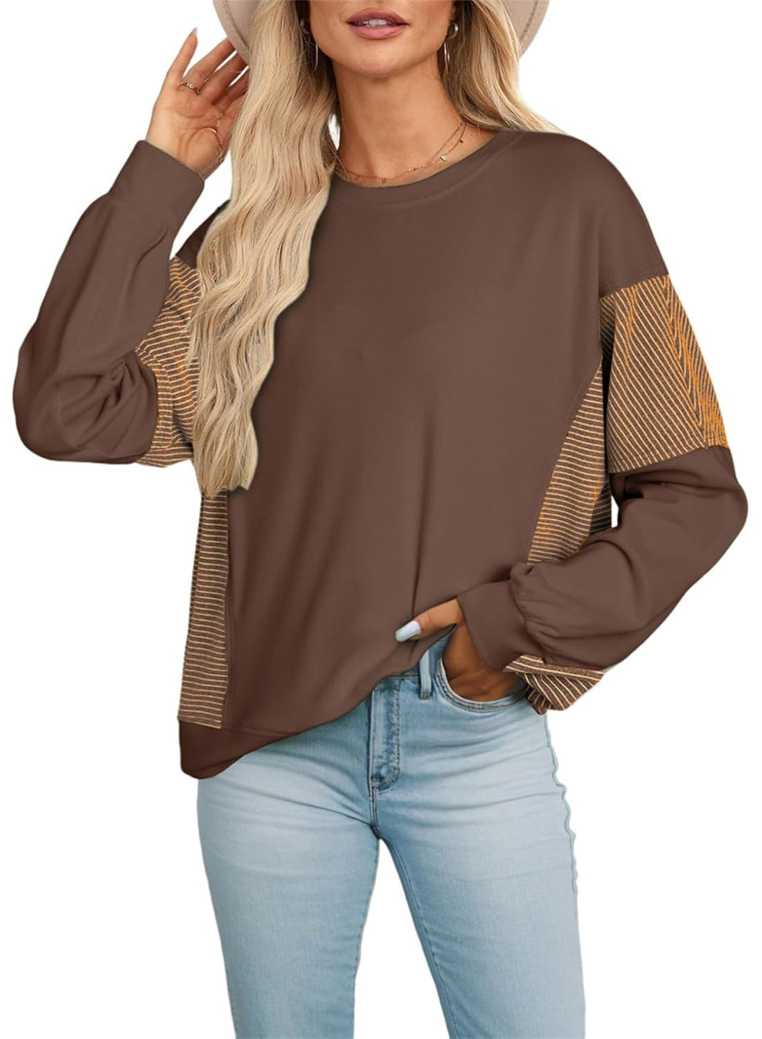 ✨Women's Crewneck Patchwork Stripe Long Sleeve Pullover Sweatshirts