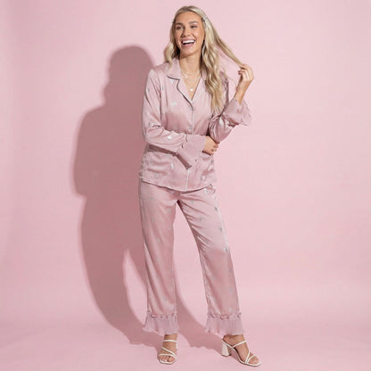 Anna-Kaci Lounge Women's 2-Piece Set Satin Pajama Top with Piping Detail and Ruffled Cuffs Paired with Matching Pants