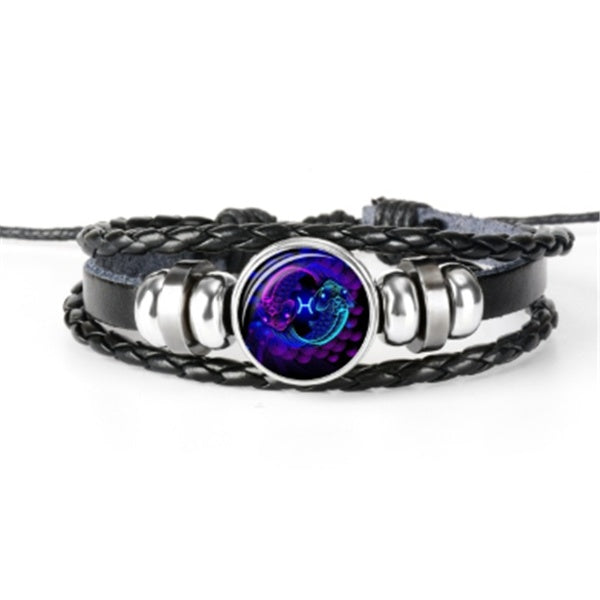12 Zodiac Constellation Luminous Bracelet | Handmade Braided Leather Astrology Bracelet | Glow-in-the-Dark Birthday Gift for Men, Women & Kids
