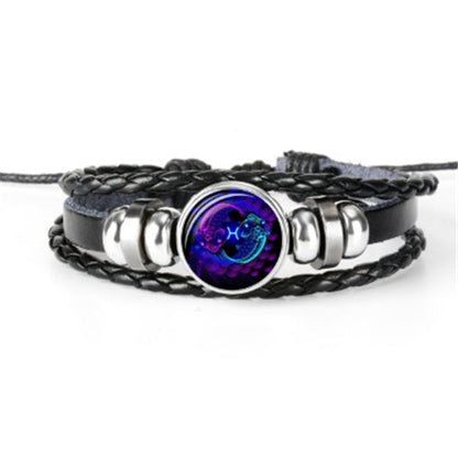 12 Zodiac Constellation Luminous Bracelet | Handmade Braided Leather Astrology Bracelet | Glow-in-the-Dark Birthday Gift for Men, Women & Kids