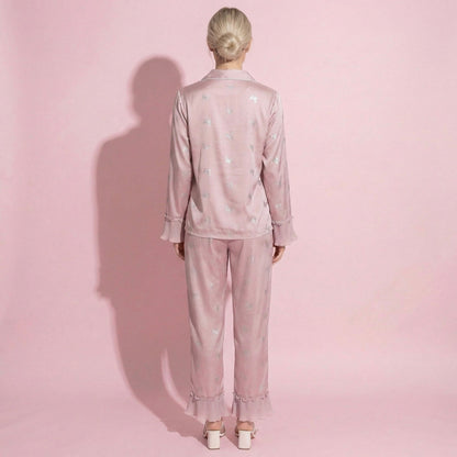 Anna-Kaci Lounge Women's 2-Piece Set Satin Pajama Top with Piping Detail and Ruffled Cuffs Paired with Matching Pants