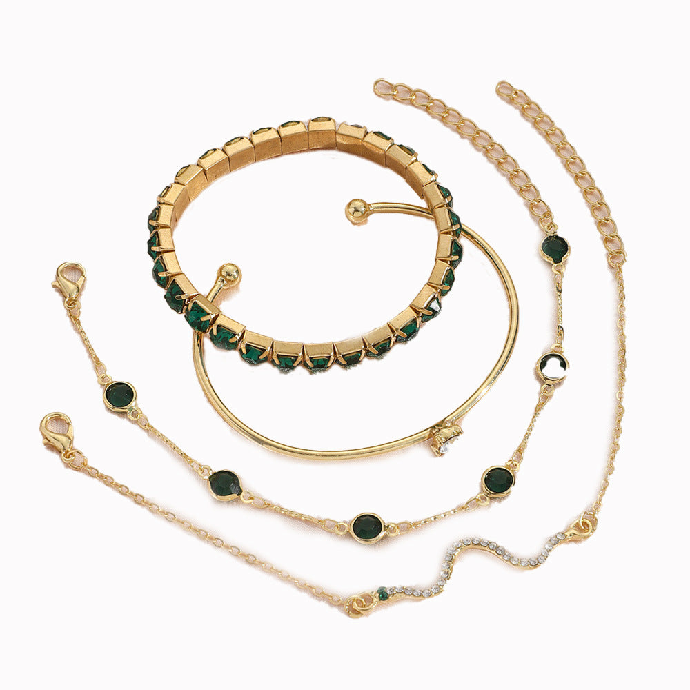Women’s 4Pcs Green Grandmother Diamond Bracelet Set | High-Sense Emerald Stretch Bracelet Suit | Trendy Minimalist Multi-Layer Jewelry | Luxury-Label Statuesque Evening Accessories | 2026 High-Fashion Radiant Wristwear