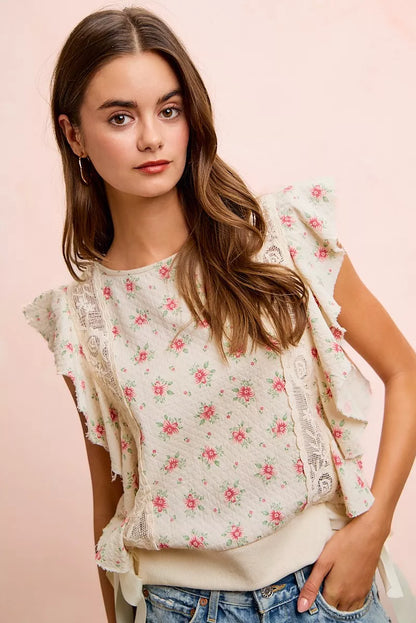 BiBi Flower Printed Ruffle Sleeve Trim Detail Top