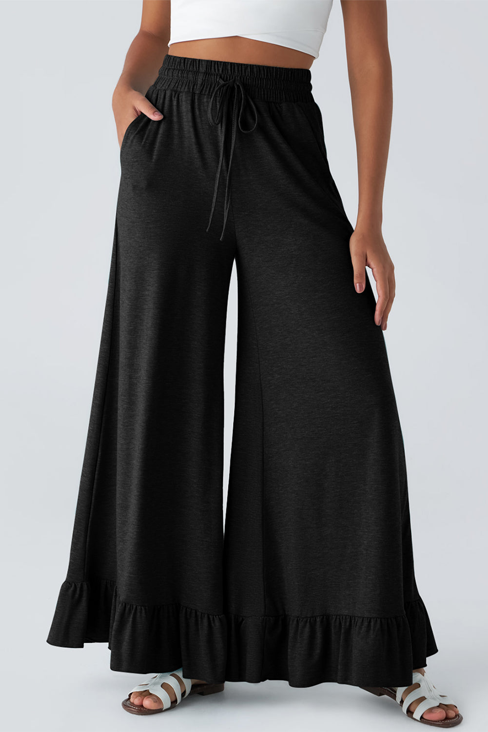 Freya Ruffled Wide Leg Pants with Pockets by Threaded Pear