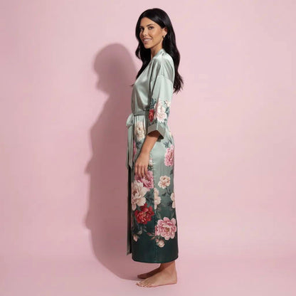 Anna-Kaci Women's Long Satin Kimono Robe with Tie Waist and Artistic Floral Print