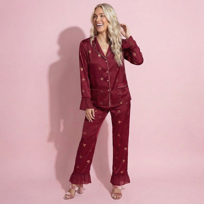 Anna-Kaci Lounge Women's 2-Piece Set Satin Pajama Top with Piping Detail and Ruffled Cuffs Paired with Matching Pants