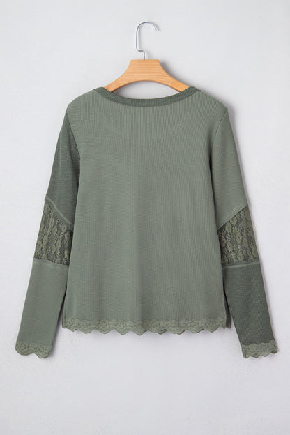 Threaded Pear Miriam Ribbed Lace Patchwork Long Sleeve Top