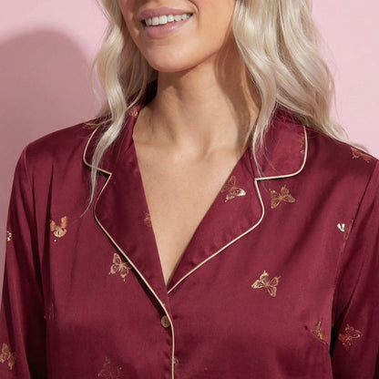 Anna-Kaci Lounge Women's 2-Piece Set Satin Pajama Top with Piping Detail and Ruffled Cuffs Paired with Matching Pants