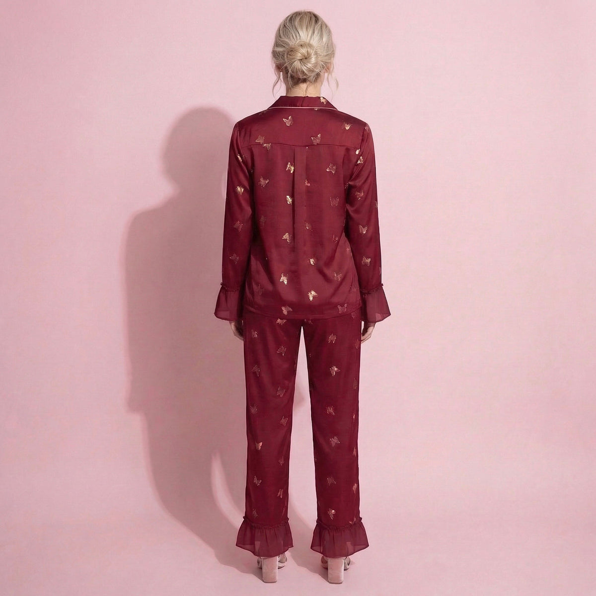 Anna-Kaci Lounge Women's 2-Piece Set Satin Pajama Top with Piping Detail and Ruffled Cuffs Paired with Matching Pants