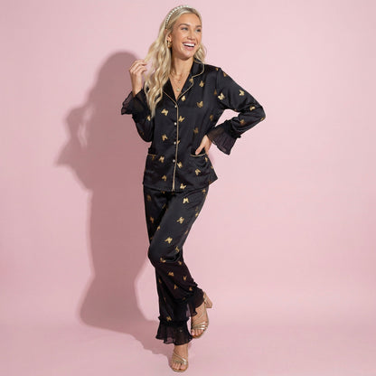 Anna-Kaci Lounge Women's 2-Piece Set Satin Pajama Top with Piping Detail and Ruffled Cuffs Paired with Matching Pants