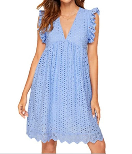 Summer Lace Jacquard Beach Dress with Pockets | Sleeveless Cutout V-Neck Sun Dress | Women’s Boho White Lace Summer Gown | Elegant Vacation & Party Lace Dress