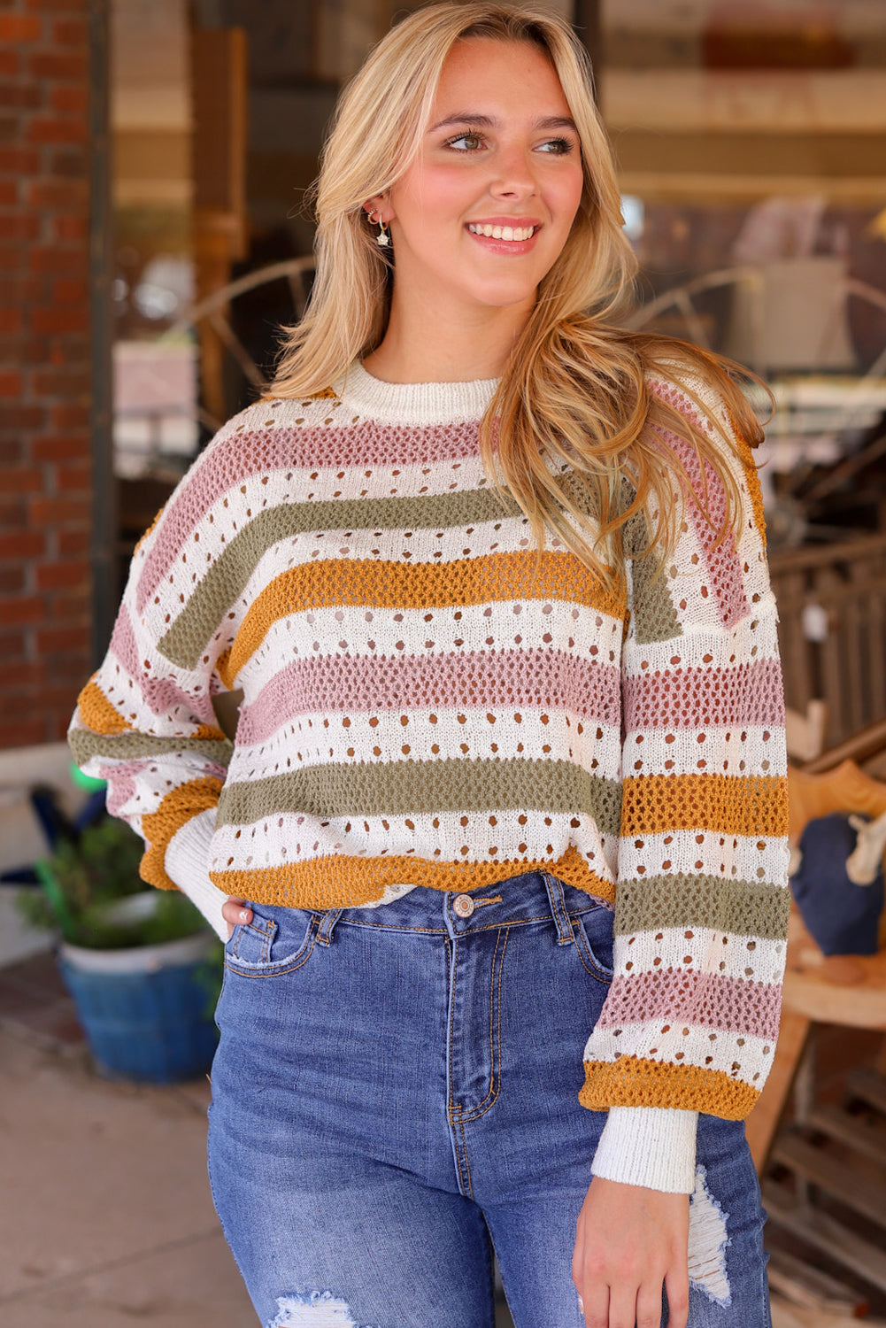 Threaded Pear Caroline Striped Hollowed Knitted Loose Sweater