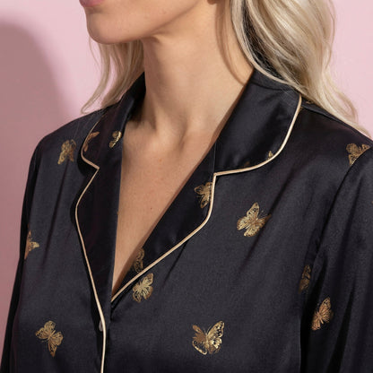 Anna-Kaci Lounge Women's 2-Piece Set Satin Pajama Top with Piping Detail and Ruffled Cuffs Paired with Matching Pants