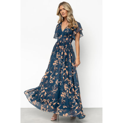 Women's Floral V-Neck Flutter Sleeve Maxi Dress