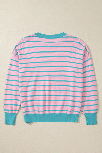 Threaded Pear Briar Stripe Trimmed Round Neck Loose Sweater