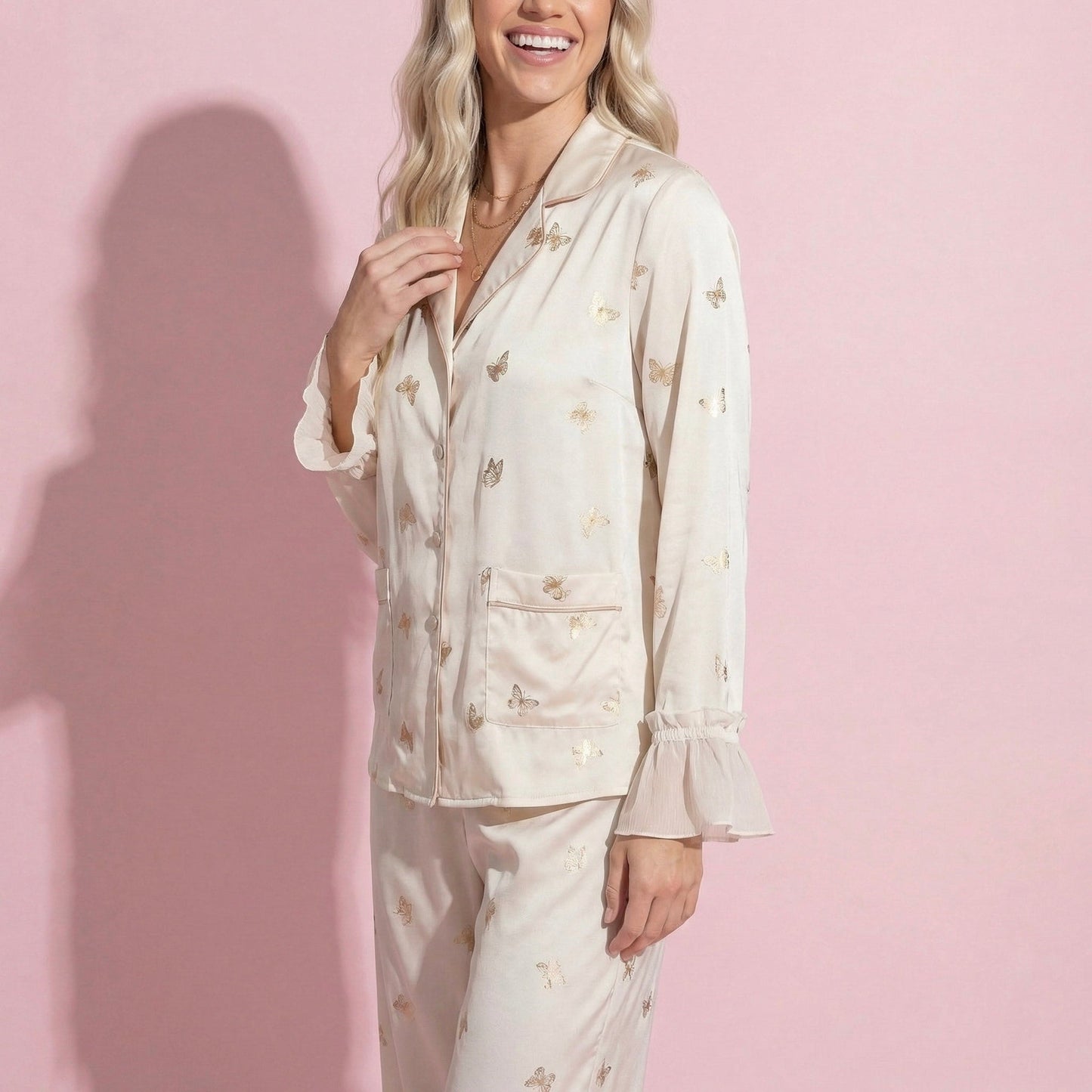 Anna-Kaci Lounge Women's 2-Piece Set Satin Pajama Top with Piping Detail and Ruffled Cuffs Paired with Matching Pants