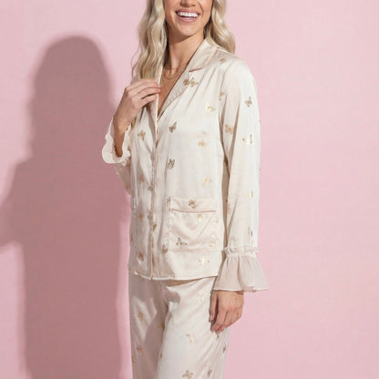 Anna-Kaci Lounge Women's 2-Piece Set Satin Pajama Top with Piping Detail and Ruffled Cuffs Paired with Matching Pants