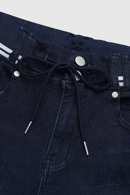 Women’s Athleisure Skinny Jeggings | Mid-Rise Pull-On Denim Jeans with Drawstring Waist | Butt-Lifting Dark Wash Stretch Denim for Women