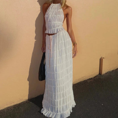 2pcs Women's Dress Suit Sleeveless Backless Cropped Halter Top And Pleated Long Skirt Beach Clothing