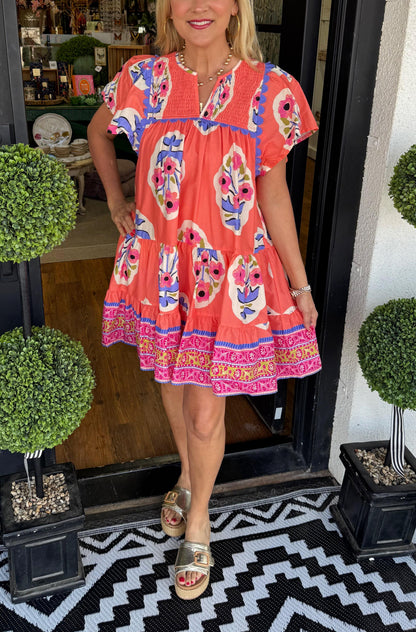 Women's V-neck Pleated Print Short Dress