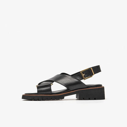 Women’s Retro Cross-Strap Chunky Heels | Elegant Block Heel Sandals with Secure Buckle | Modern Vintage Square-Toe Party Shoes | Comfortable High-Rise Statement Sandals | 2026 Luxury Evening Footwear