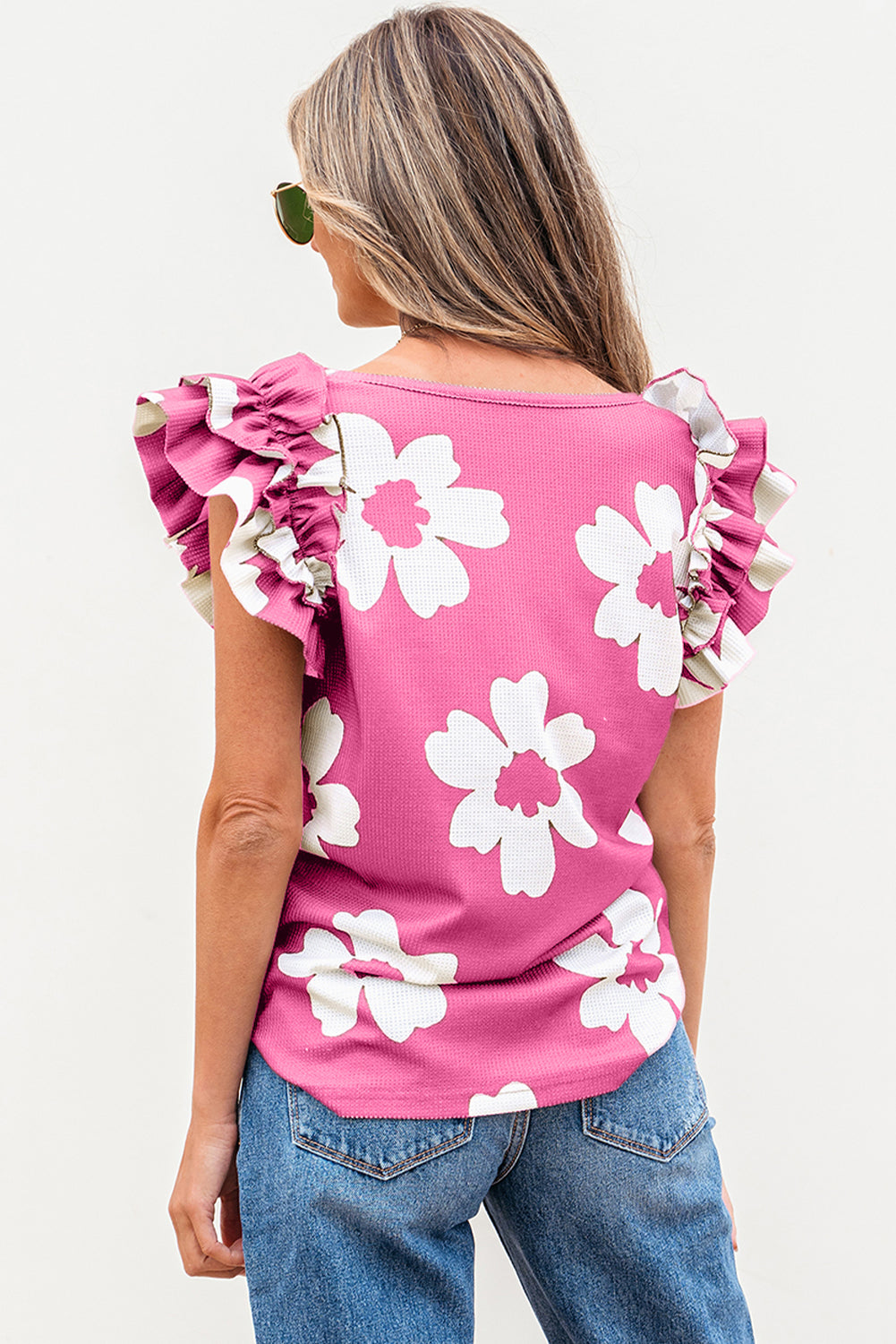 Threaded Pear Mazie Floral Ruffled Short Sleeve Blouse