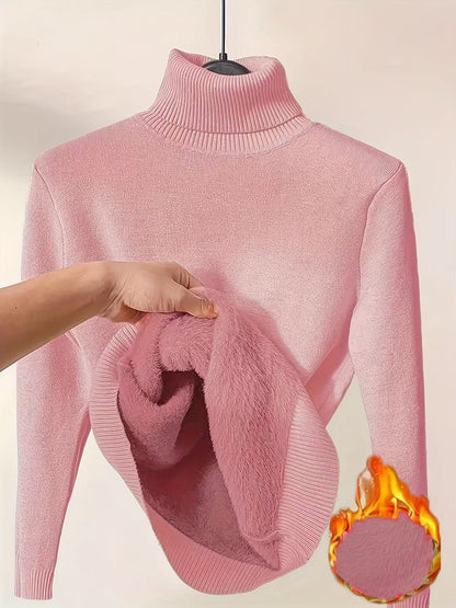 Women’s Fleece-Lined Turtleneck Sweater | Ultra-Warm Thick Knitted Pullover | Elegant Winter Thermal Knitwear | High-Sense Minimalist Slim Fit Sweater for Women