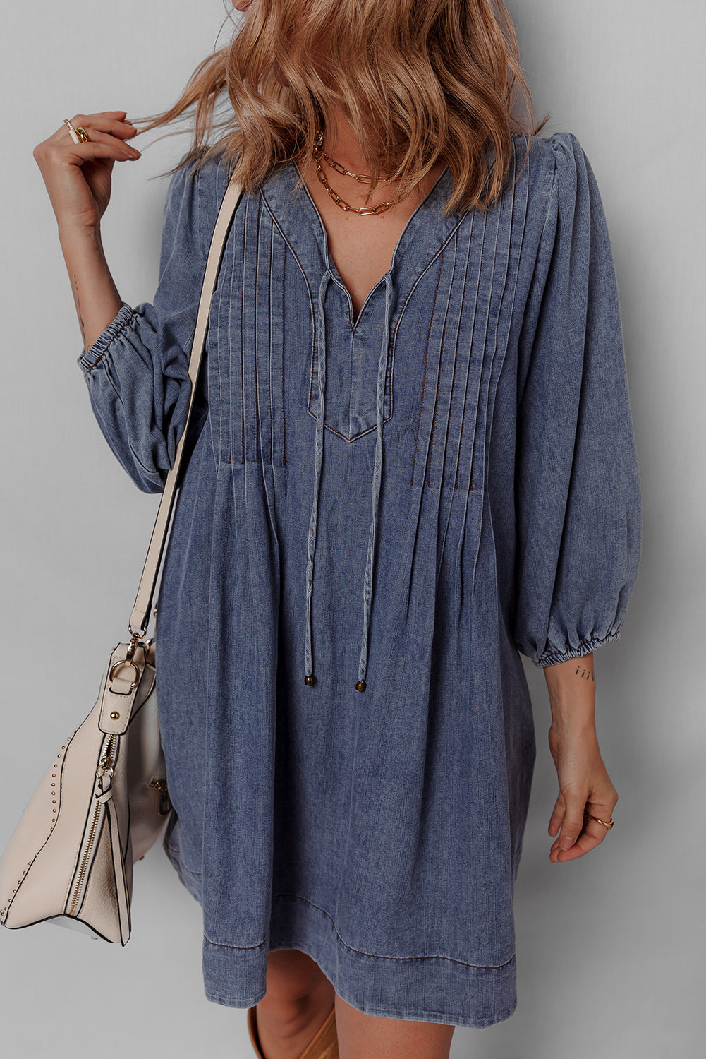 Threaded Pear Autumn Tied Pleated Mini Dress