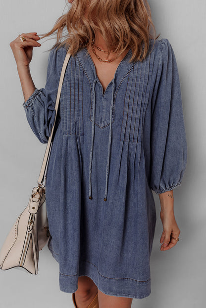 Threaded Pear Autumn Tied Pleated Mini Dress