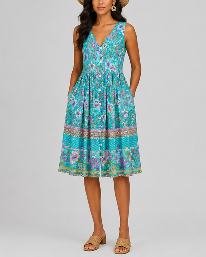 Women's Fashion Ethnic Style Blue Printed V-Neck Open Front Sleeveless Dress