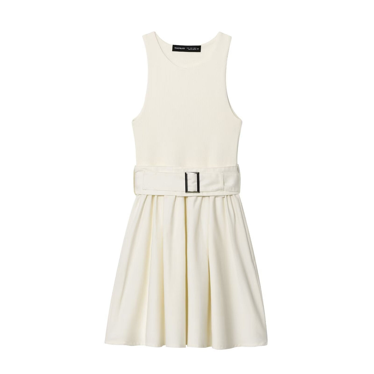 Sleeveless dress with waist belt and diagonal splicing