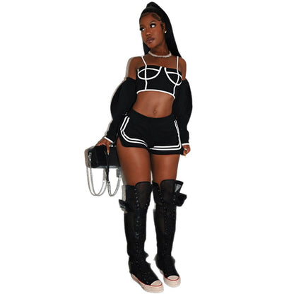 Fashionable Long Sleeve Turn-Down Collar Outerwear with Strap Inner Top and Slim Fit Sport Shorts Set for Women