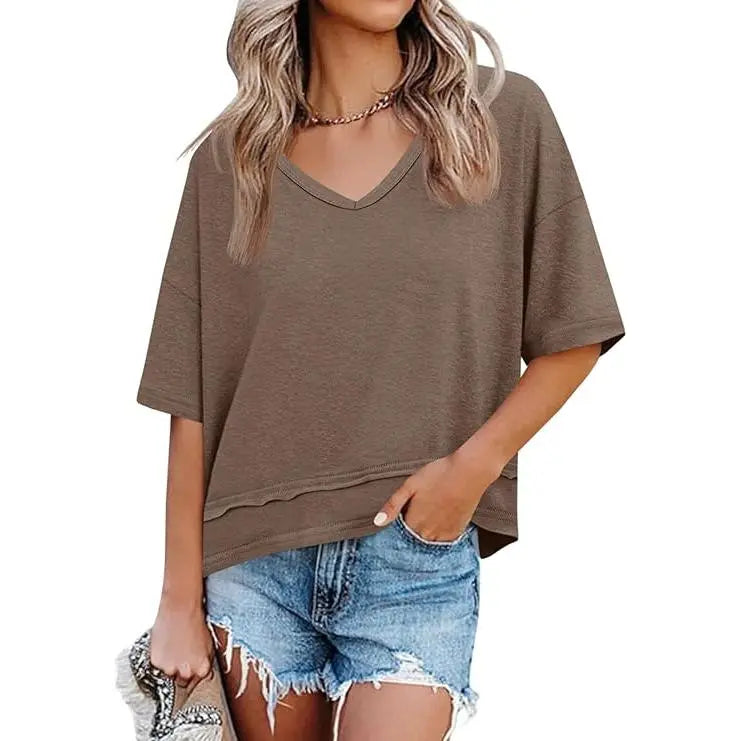 Women's V-Neck Spliced Hem Casual Top