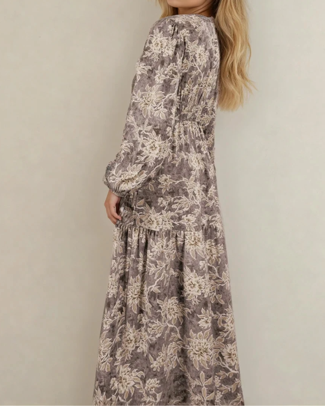 Brianna Floral Print Smocked High Waist Long Sleeve Maxi Dress - Brown