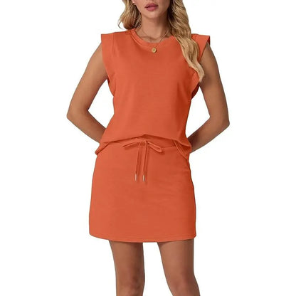 New Women's Cap Sleeve Crewneck Tops and Drawstring Short Outfits Two Piece Sets