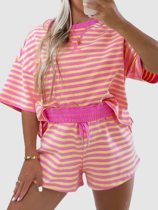 Women's Stripe Drop Shoulder Boxy Casual Terry Short Set