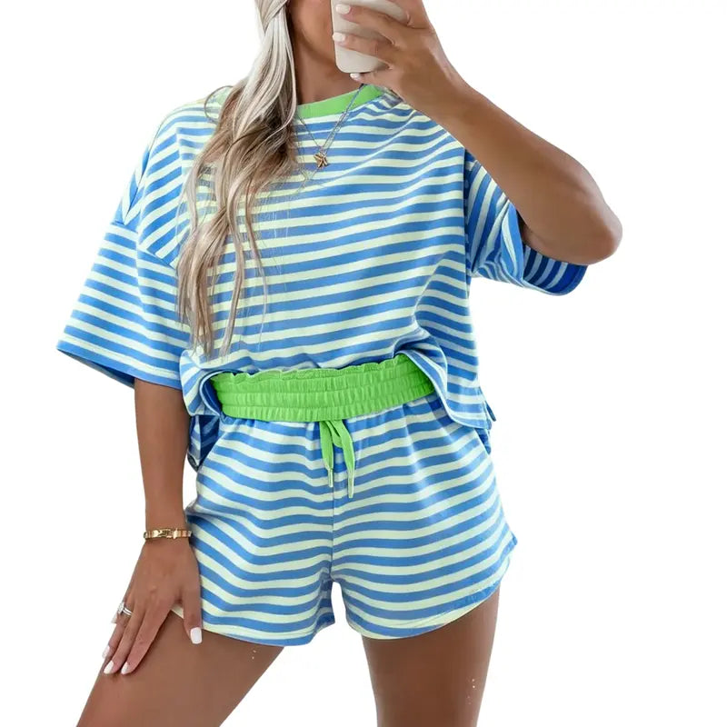 Women's Stripe Drop Shoulder Boxy Casual Terry Short Set