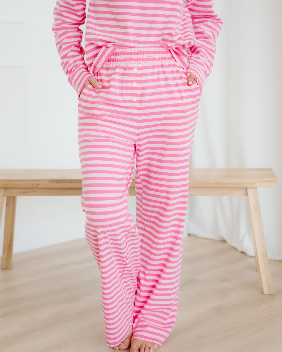Amayah Stripe Drop Shoulder Round Neck Top and Buttoned Straight Pants Two Piece Set